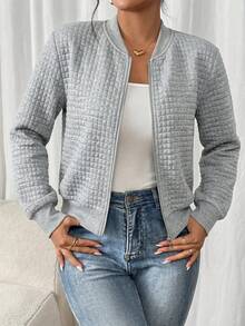 SHEIN Frenchy Women's Solid Color Long Sleeve Zip-Up Collar Casual Baseball Jacket In Fall/Winter - Light Grey - View 1