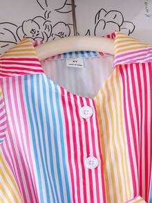 SHEIN Elladie kids 女童休閒度假百搭連身長褲，領口鈕扣前襟附腰帶，舒適柔軟皺褶丹寧風，適合秋季、野餐、出遊、姐妹穿搭、日常穿著 - 彩色 - 查看 9