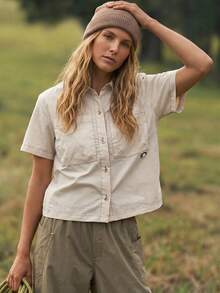 Exploreva Exploreva Summer Casual Modest Short Sleeve Outdoor Shirt Vacation Beige - Green - View 2