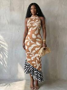 BamGlimmer Women's Zebra Print Fishtail Hem Fitted Elegant Halter Neck Long Dress - Multicolor - View 6