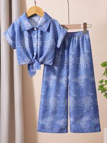 SHEIN Playful Pals 女童條紋領口無袖鈕扣上衣與直筒長褲兩件套 - 彩色 - 查看 1
