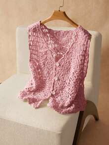 Elaquor Plus Size Vacation Casual Solid Color Hollow Knit Vest - Pink - View 1