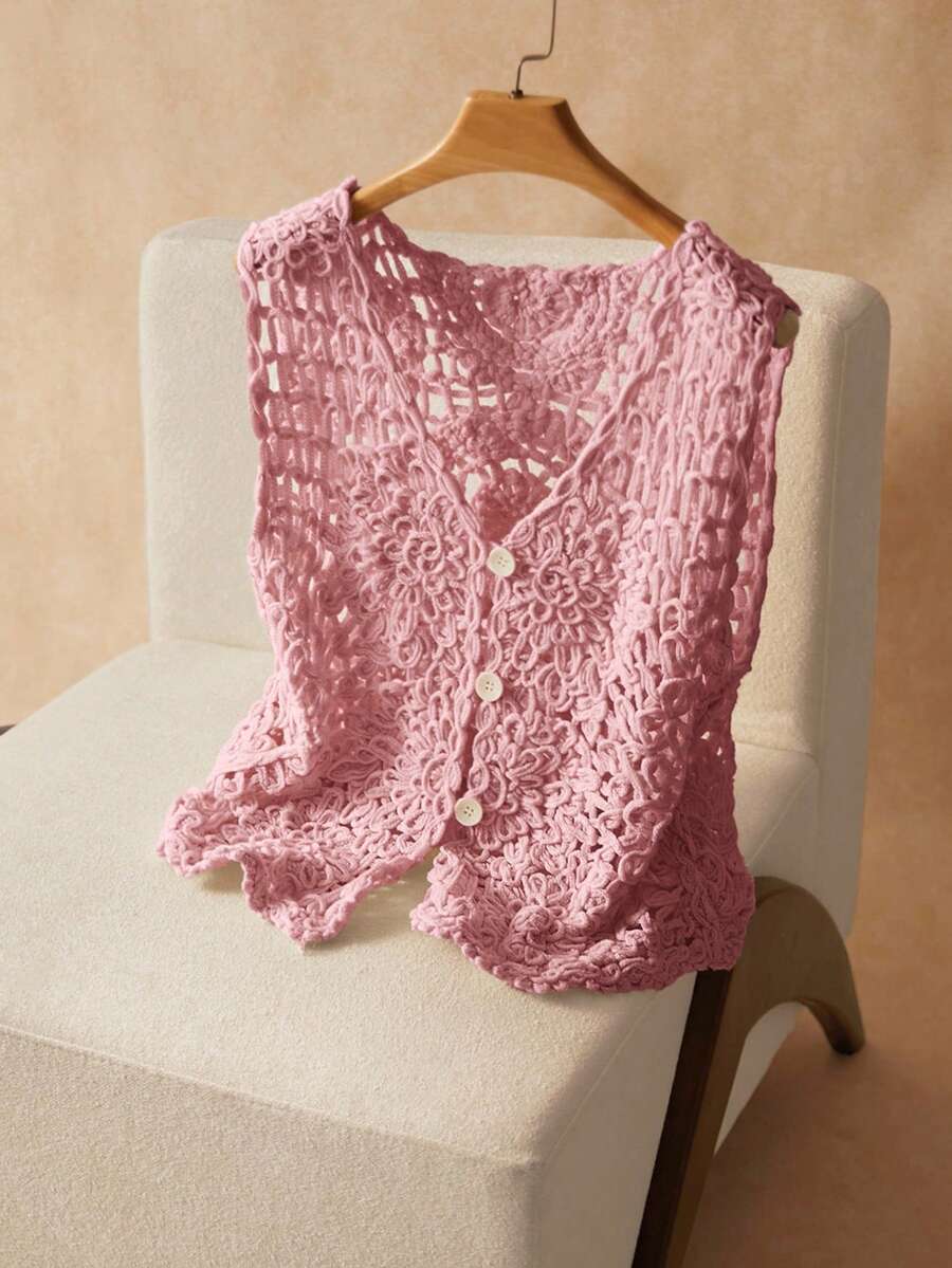 Elaquor Plus Size Vacation Casual Solid Color Hollow Knit Vest - Pink - View 1