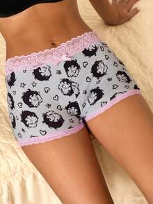 Betty Boop x SHEIN Women's Cartoon Print Lace Patchwork 3D Bow Decor Hipster Shorts - Grey - View 4