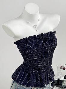 Elamini 女款春夏度假風波點印花抹胸修身A字娃娃上衣 - 藏蓝色 - 查看 1