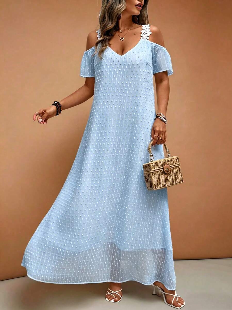 Breezaya Plus Size Spring/Summer Casual Vacation Elegant Commute Lace Trim Solid Color French A-Line Dress - Blue - View 1