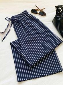 SHEIN EZwear 女款休閒繫腰直筒長褲，適合夏季穿著 - 藍白色 - 查看 4