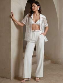 Anewsta Top Feminina Elegante Transparente com Renda Francesa Vazada, Manga Curta, Branca, Primavera/Verão, Top Elegante, Top de Verão - Branco - Visão 3