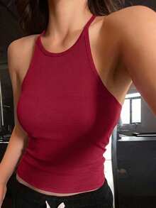 DAZY Women's Red Knitted Sleeveless Camisole Tank Top With Built-In Pads, Fitted Short Length Inner Layer - Hot Pink - View 5