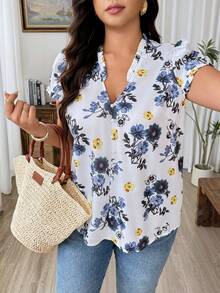 Weeklong Plus Size Women's V-Neck Floral Print Casual Elegant Versatile Daily Wear Blouse Brunch Office Blue And White Summer - Multicolor - View 4