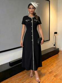 SHEIN Lady Black And White Contrast Trim Knit Jacquard Midi Dress Button Front Round Neck Short Sleeve Bodycon Office Work Dress Elegant Classy Summer - Black - View 1