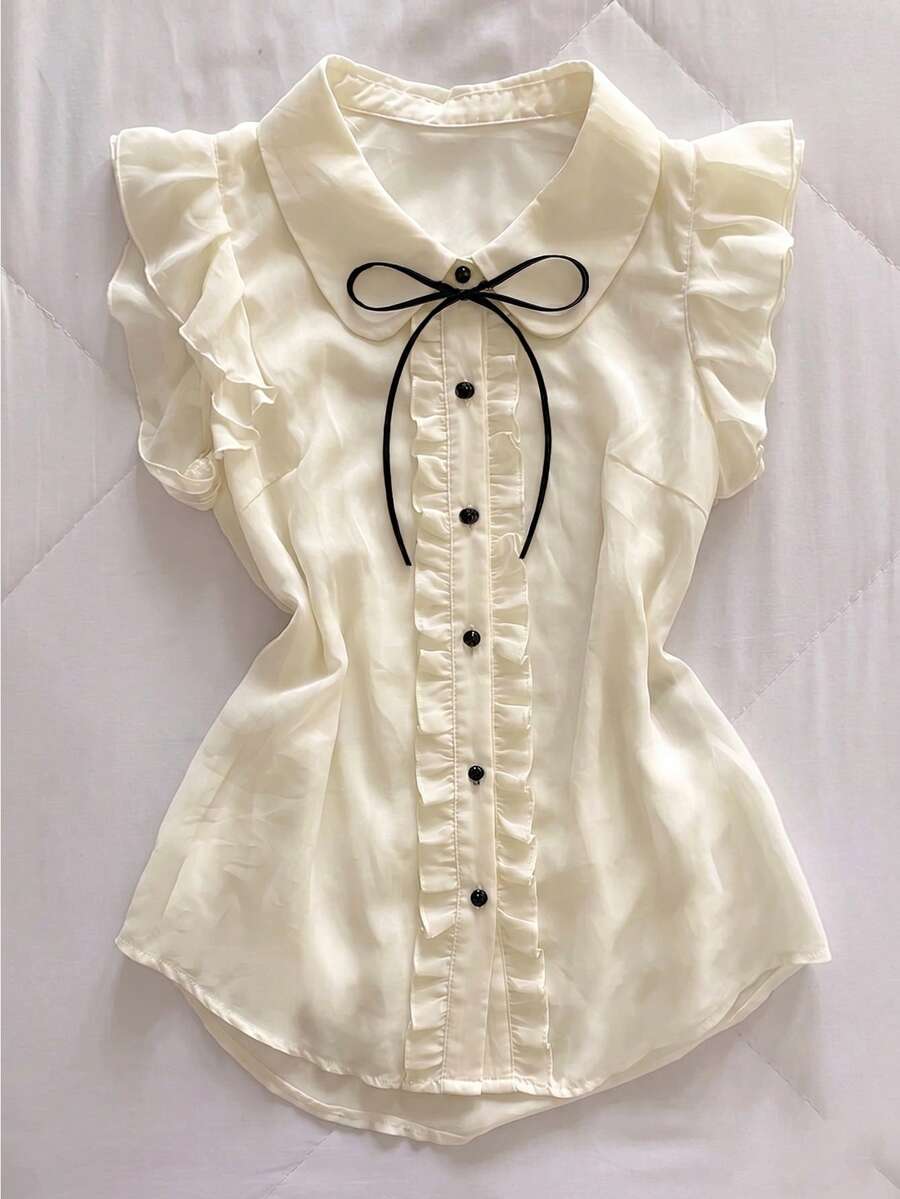 INAWLY Blus Kasual Musim Panas Wanita dengan Hiasan Pita dan Rumbai - Aprikot - View 1