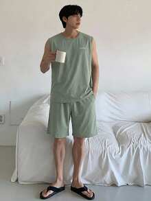 DAZY 夏季字母印花豆綠色男士背心短褲家居服套裝 - 薄荷綠 - 查看 6