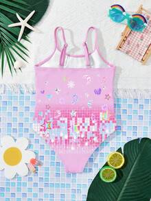Young Girl Casual Minimalist Cartoon Girl Ombre Print One-Piece Swimsuit, Suitable For Summer - Multicolor - View 2
