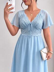 Elenzga Plus Size Women's Solid Color Chiffon Patchwork Waist-Cinched Slimming Shirred Back-Ruffle Open Back Short Sleeve Dress - Sky Blue - View 6