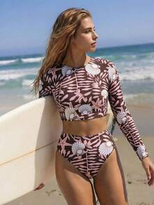 Swim SPRTY 2pcs/Set Ocean Print Fashion Sports Surfing Women's Two Pieces Tank Top Swimsuit - Multicolor - View 1