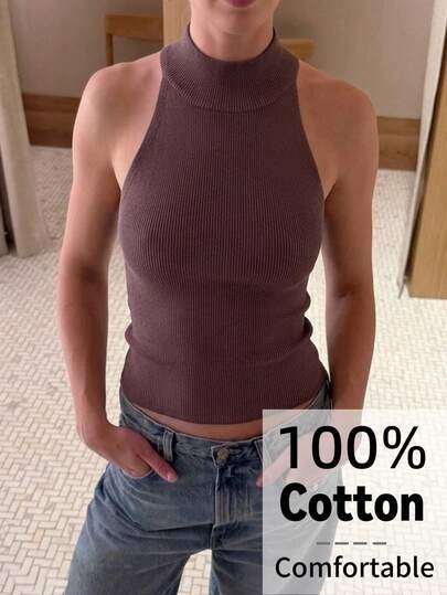 Aloruh Women's Casual Round Neck Sleeveless Pullover Knit Base Layer Top Comfortable Cotton Knit Sweater Vintage Brown