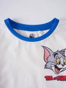 TOM & JERRY X SHEIN 小男孩字母卡通印花拼色短袖上衣與短褲休閒日常睡衣套裝 - 藍白色 - 查看 3