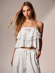 Willow Rêve Atasan Camisole Pendek Wanita Putih dengan Hiasan Bordir dan Rumbai Romantis, Gaya Boho, Hari Valentine, Gaya Romantis untuk Liburan - Putih - View 4