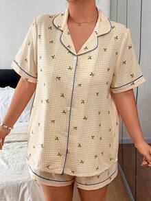 Napfluff CURVE Napfluff CURVE Plus Size Lemon Plaid Print Lapel Button-Front Short Sleeve Shorts Pajama Set - Yellow - View 3