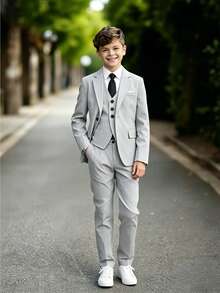 4-Piece Boys Light Grey Suit Jacket Vest Tie Trousers, Gentleman Formal Outfit For Performance, Wedding, Graduation, Birthday Party, Autumn - Light Grey - View 2