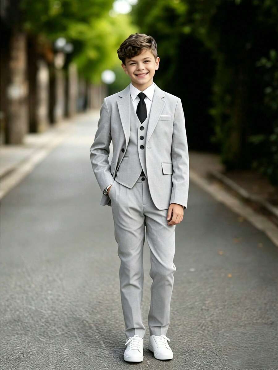4-Piece Boys Light Grey Suit Jacket Vest Tie Trousers, Gentleman Formal Outfit For Performance, Wedding, Graduation, Birthday Party, Autumn