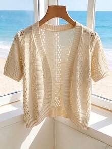 SHEIN Women's Hollow Knit Texture Short Sleeve Solid Color Fashion Casual Cardigan - Apricot - View 6
