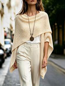 SHEIN Atasan Cape Rajut Wanita Motif Aprikot Berongga, Modis, Minimalis, Elegan, Kasual, Gaya Klasik, Musim Semi/Musim Panas - Aprikot - View 2