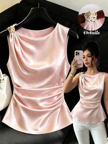 GlowEve Spring/Summer Satin Baby Pink Round Neck Sleeveless Pleated Metal Button Ruffle Collar Exquisite Elegant Commute Date Office Women's Blouse Shirt - Baby Pink - View 1
