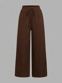 SHEIN Essnce 3件組女款休閒腰綁帶直筒長褲套裝，附口袋，適合夏季 - 彩色 - 查看 9