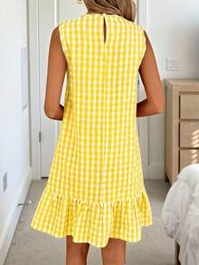 SHEIN Teen Girl Teen Girls Dresses, Casual Vacation Spring/Summer Fashion Cute Round Neck Yellow & White Plaid Loose A-Line Patchwork Ruffle Sleeveless Doll Dress - Yellow - View 4