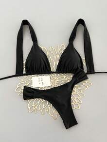 SHEIN Swim 女款性感海灘度假純色時尚熱門色掛脖綁帶＋後背綁帶比基尼上衣，性感抓皺後背＋側腰抓皺設計比基尼褲，街頭風音樂節派對泳池泳衣套裝 - 黑色 - 查看 4