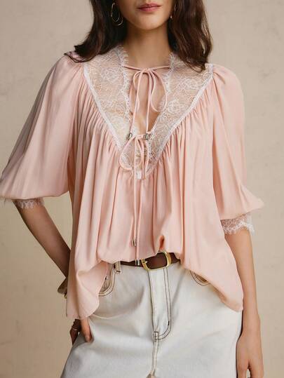 CielaLinda Damen Boho romantische Spitzen-Patchwork-Bluse mit Bindung und Puffärmeln, 3/4-Ärmel Top