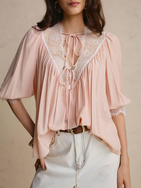 CielaLinda Women's Boho Romantic Lace Patchwork Tie Puff Sleeve Blouse With 3/4 Sleeves Top