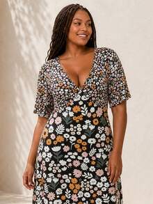 ELLERISSA Plus Size Multicolor Mixed Ditsy Print V-Neck Short Sleeve Tea Dress - Multicolor - View 5