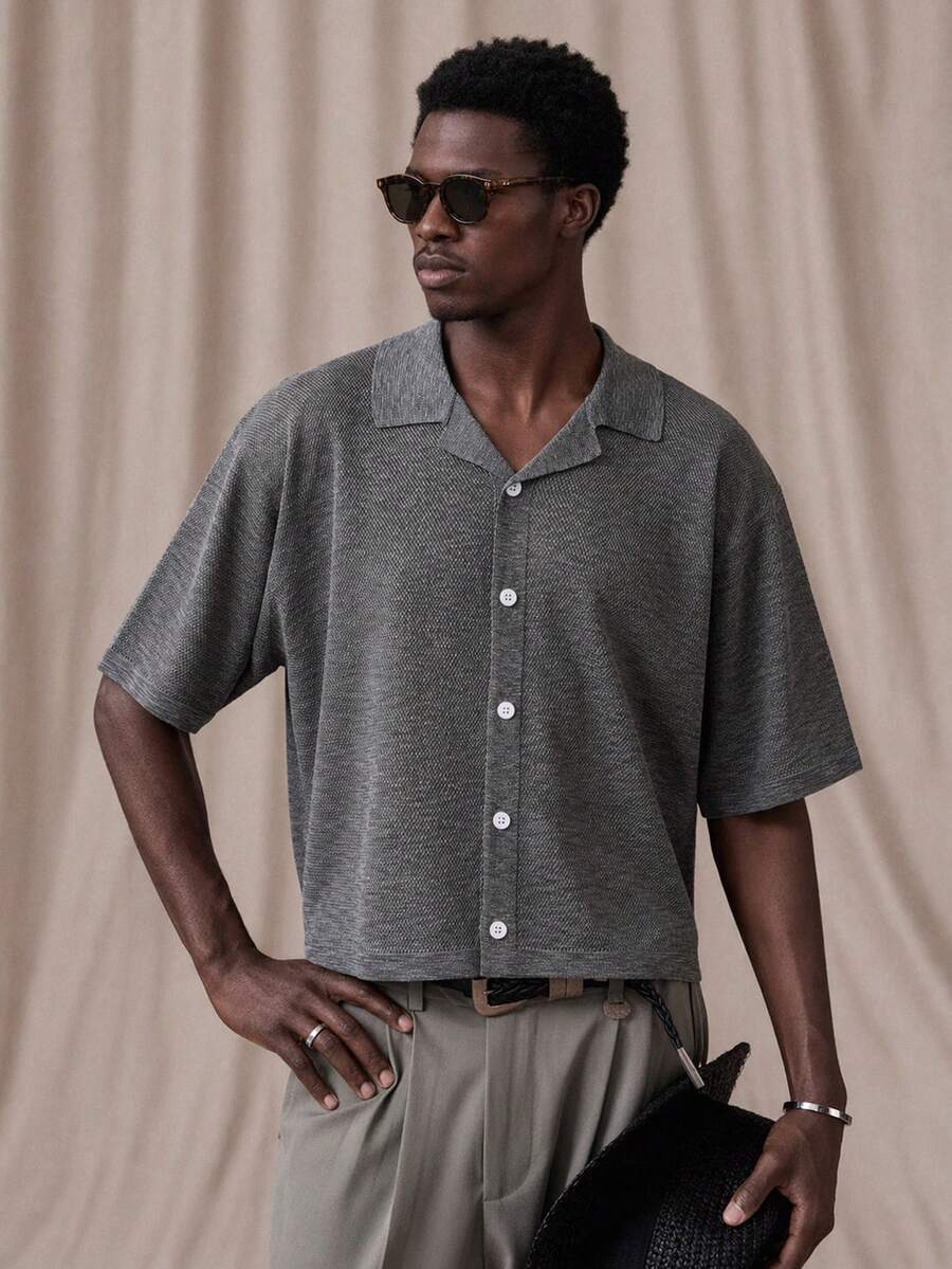 Vientiro Camisa Casual Masculina de Ajuste Solto com Ombro Caído e Abotoamento Simples, Adequada para Férias de Verão & Deslocamento Diário, Férias, Presentes do Dia dos Pais - Cinza - Visão 1