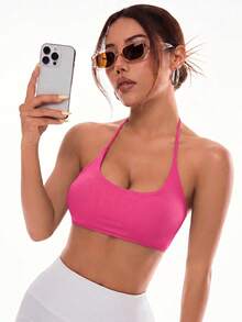 Slayform Slayform Sujetador deportivo elegante de mujer de unicolor con tirantes cruzados descubiertos en la espalda y cuello halter - Rosa Fucsia - Ver 3