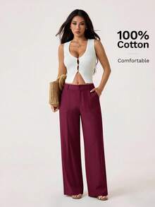 SHEIN PETITE 100%水洗棉低腰直筒長褲 - 酒紅色 - 查看 6