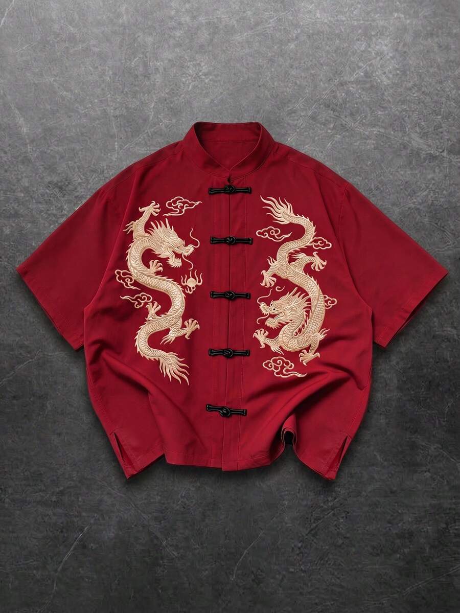 PAVTROS Men's Golden Dragon Print Retro Casual Short Sleeve Shirt - Red - View 1
