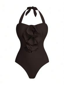 Swim Oasis 女款 3D 花卉裝飾掛脖綁帶連身泳衣與裙子套裝，適合海灘度假、泳池派對、海灘派對 - 棕色 - 查看 3