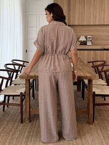 Weeklong Plus Size Women Spring Summer Shirt Collar Open Front Ruched Drawstring Striped Casual Commute Set - Multicolor - View 2