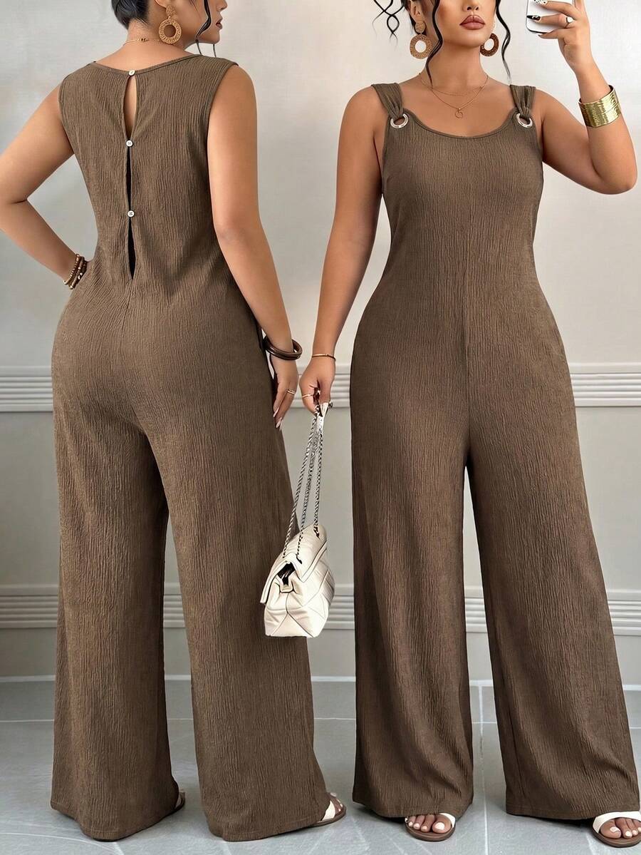 Weeklong 2026 Frühling Sommer Damen Große Größen einfarbiger Strick Romper ohne Ärmel, O-Ring Träger weite Beine lässige Loungewear Jumpsuit für Alltag & Zuhause - Kaffeebraun - Übersicht 1