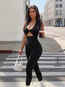 Sirith Seamless High Elasticity Racerback Sports Jumpsuit With Lifting Effect - Black - View 1