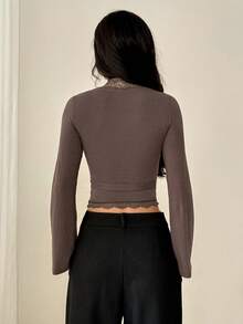 SHEIN PETITE Women's Solid Color Contrast Lace Waist Knot Long Sleeve Slim Fit T-Shirt Date Dark Brown,Summer,Autumn,Elegant,Soft Basic Everyday Top,Going Out - Brown - View 3