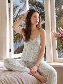 SHEIN Women's Romantic Floral Contrast Lace Trim Wide Leg Pajama Set - Multicolor - View 1