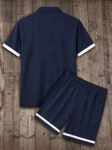 NEOREFINED 男士拼色 Polo 衫與短褲 2 件套，極簡高級休閒套裝，都市休閒風格 - 彩色 - 查看 2