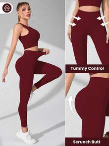 Nuvra Burgundy Women Gym Workout Set,Autumn Athleisure Round Neck Top And Slim Fit Leggings Set,Seamless Quick-Drying Sports Clothes For Chinese New Year - Burgundy - View 9