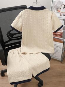 Tween Boys' Summer Beige & Navy Casual Jacquard Short Sleeve Top And Shorts Set,Loose Fit,Suitable For School,Back-To-School,Outdoor Play & Outings - Apricot - View 2