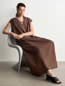 Aalyst Women's Summer Elegant French Romantic Minimalist Sleeveless V-Neck Dress Linen Texture Dark Brown Robe Vacation - Brown - View 5