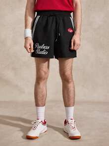 Men's Summer Black And White Streetwear Shorts, Woven Elastic Waist Drawstring Casual Gym Shorts, Webbing Decor Retro Punk 2 Rapper Clothing, 1pcs - Black - View 1